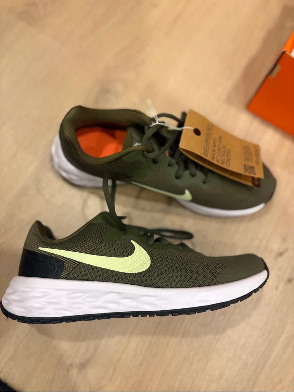 Nike Kids Olive Green Sneakers with Lime Swoosh size 5.5